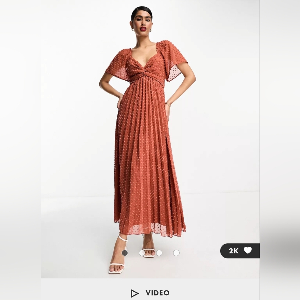 ASOS DESIGN twist front angel sleeve textured midi dress in dark rust size 8